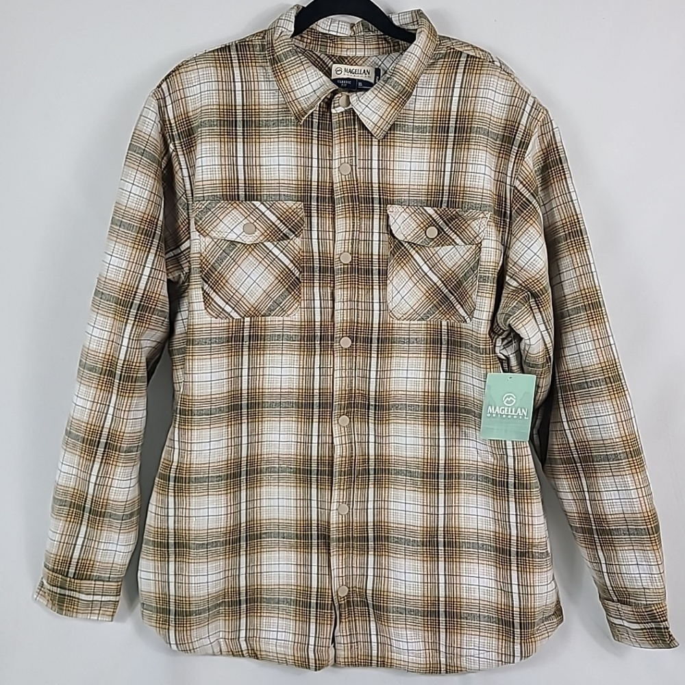 NEW Magellan Men's Campfire Shacket Flannel Button Up Plaid Cream Green Sz XL
